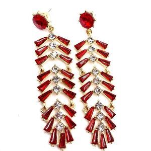 Long gold red crystal drop dangle earring